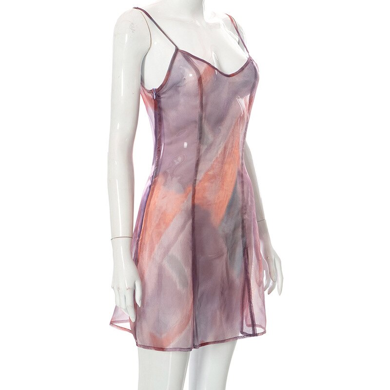 Women's Sexy Sheer Mesh Cami Dress Tie-dye Print V-neck Sleeveless Backless See-Through High Split Mini Dress E-Girl Streetwear
