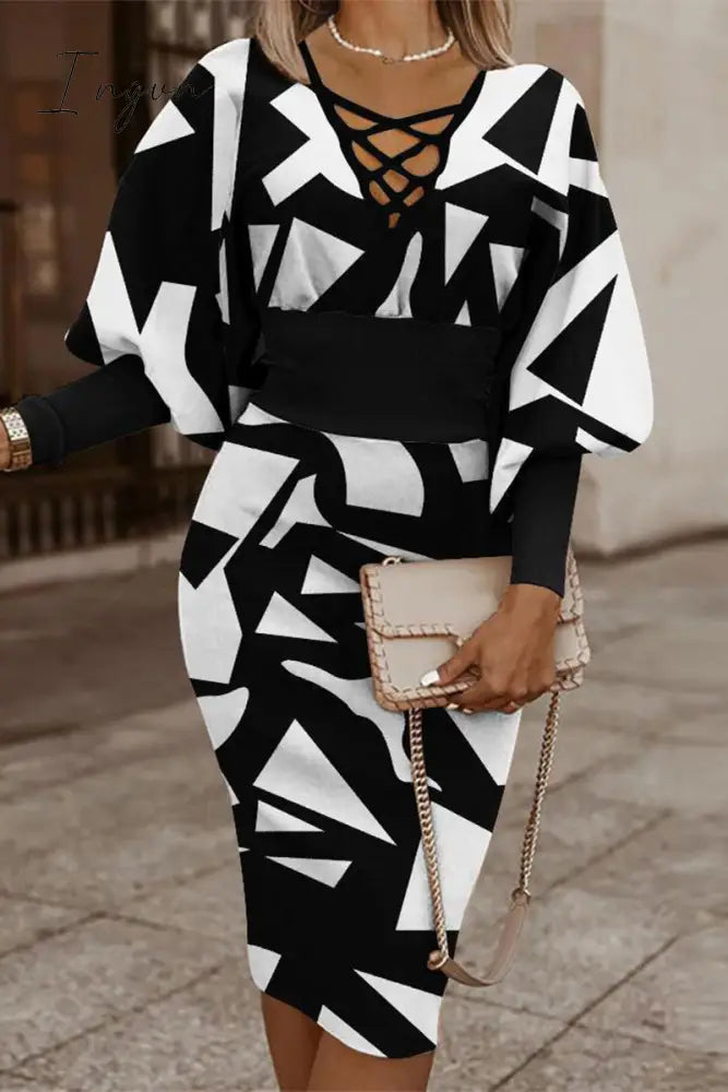 Ingvn - Vintage Elegant Geometric Print Contrast V Neck Wrapped Skirt Dresses