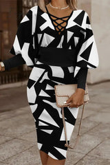 Ingvn - Vintage Elegant Geometric Print Contrast V Neck Wrapped Skirt Dresses