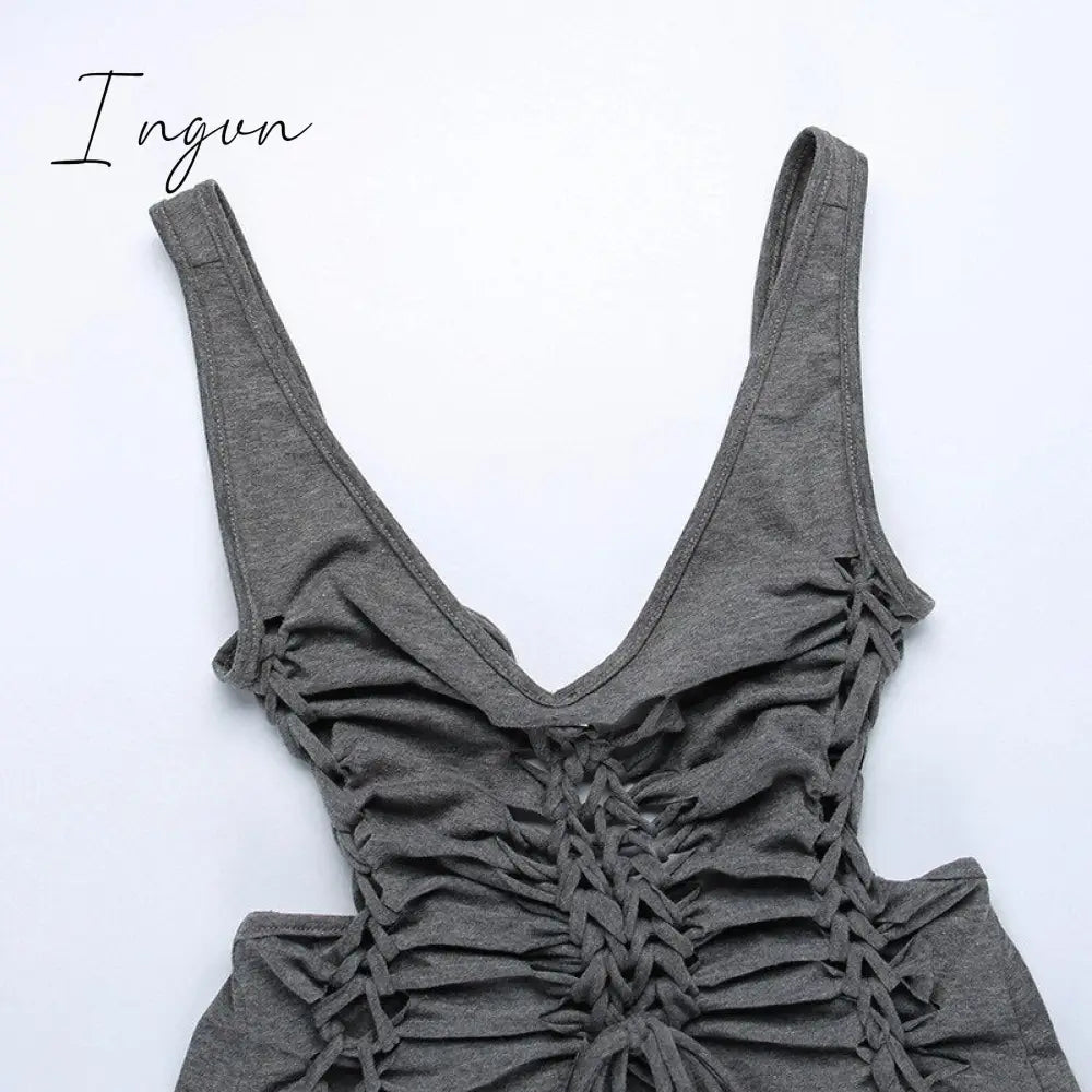Ingvn - Dark Gray Hollow Out Mini Dress Sexy Drawstring Bandage Backless Summer Dresses for Women 2023 Birthday Party Clubwear