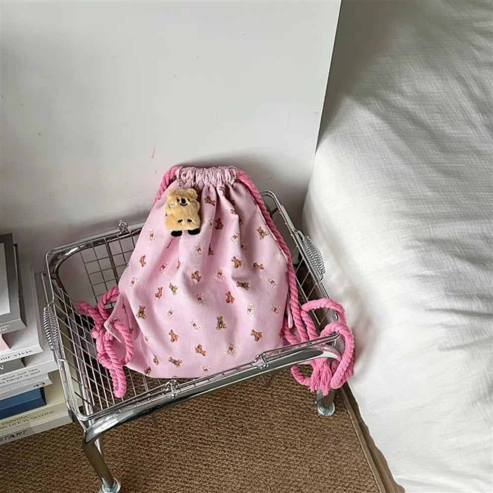 Ingvn  Strap Pocket Drawstring Backpack for Women Casual Cute Pattern Versatile Backpack Canvas Bag Student Backpack