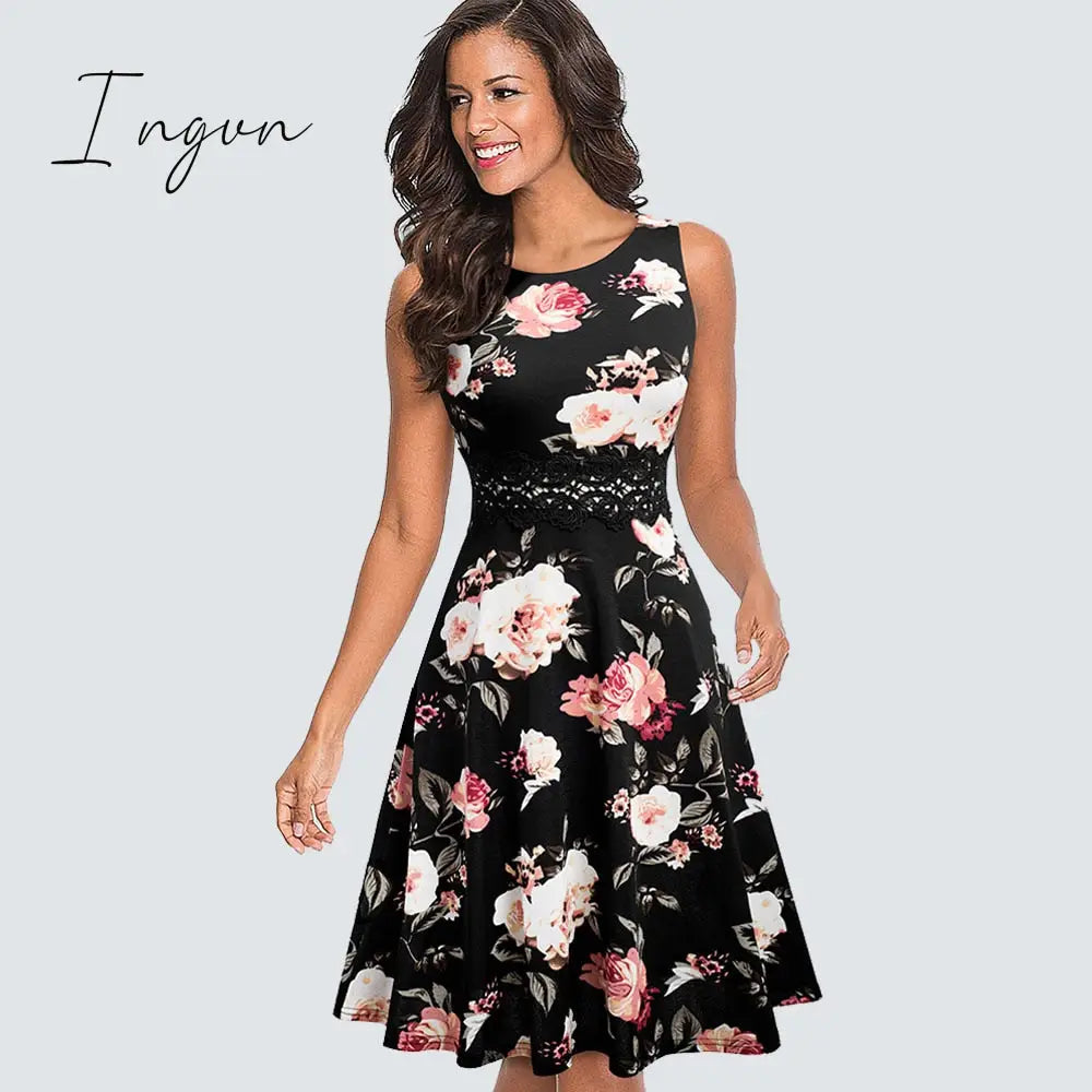 Ingvn - Women Vintage Casual Round Neck A line Summer Elegant Floral Lace Patchwork Sleeveless Tunic Party Swing Dress HA079