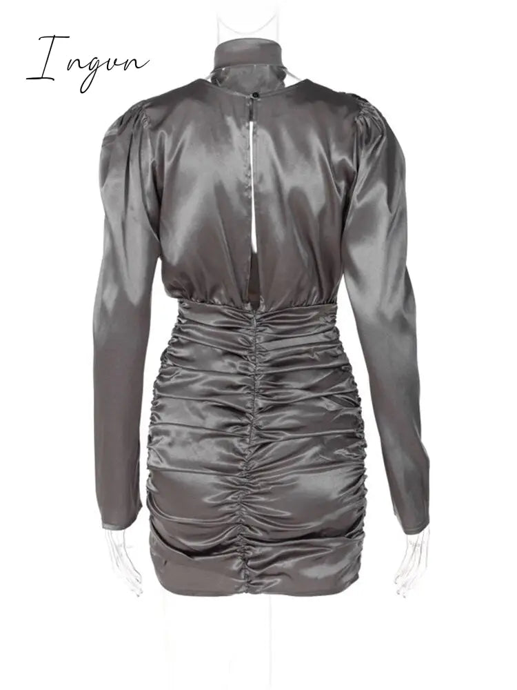 Ingvn - Womens Fall Fashion Satin Ruched Deep V Neck Long Sleeve Mini Bodycon Dress Women Autumn Winter Elegant Sexy Party Dresses
