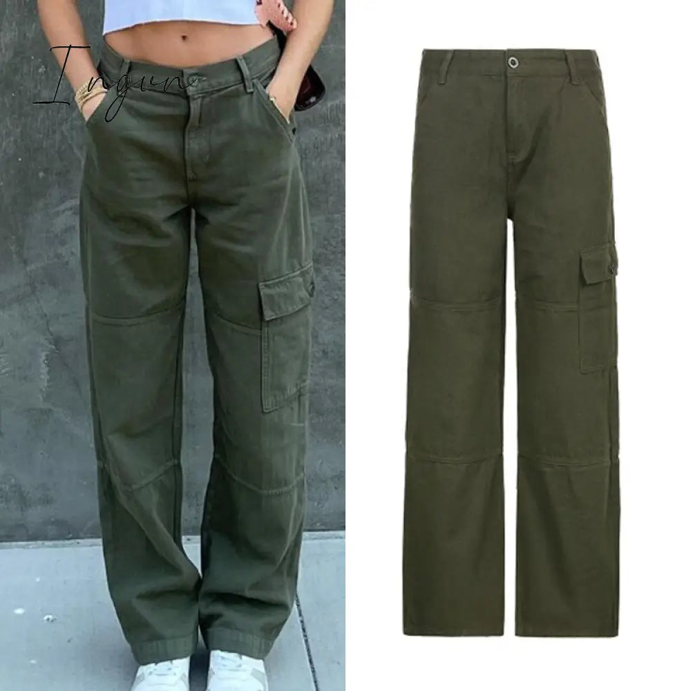 Ingvn - Women Spring Fashion Multi Pockets White Cargo Pants Women Adjustable Low Waist Baggy Wide Leg Jeans Oversized Casual Trousers Retro Bottoms Iamhotty