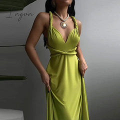 Ingvn - Elegant Women Backless Deep V-neck Summer Sundress Solid Cocktail Female Dress Sexy Draped Twisted Sling Off Shoulder Dresses