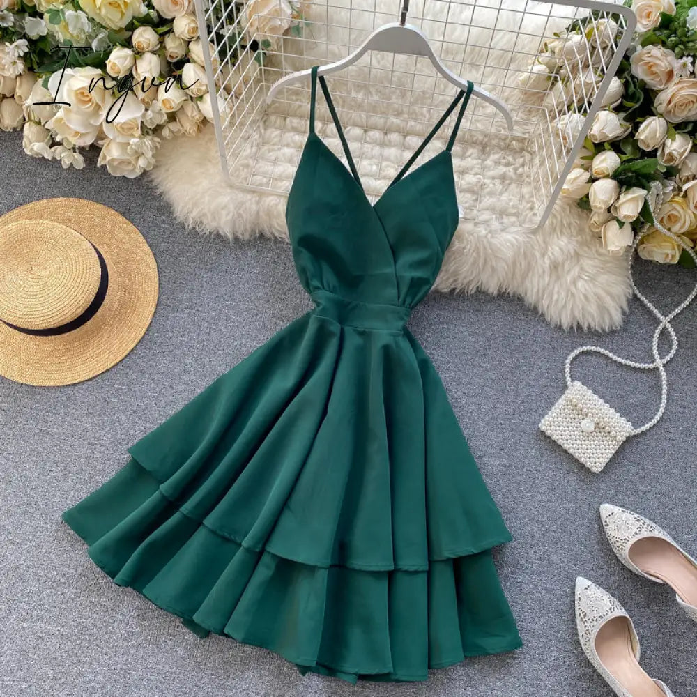 Ingvn - Summer Spring Beach Holiday V-Neck Backless Lace Up Ruffles Cakes Solid Elegant Women Lady A-line High Waist Dress