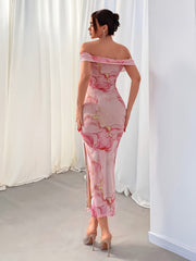 Elegant Floral Print Off Shoulder Dress - Backless Slim Side Split for Party & Banquet - Women's Clothing