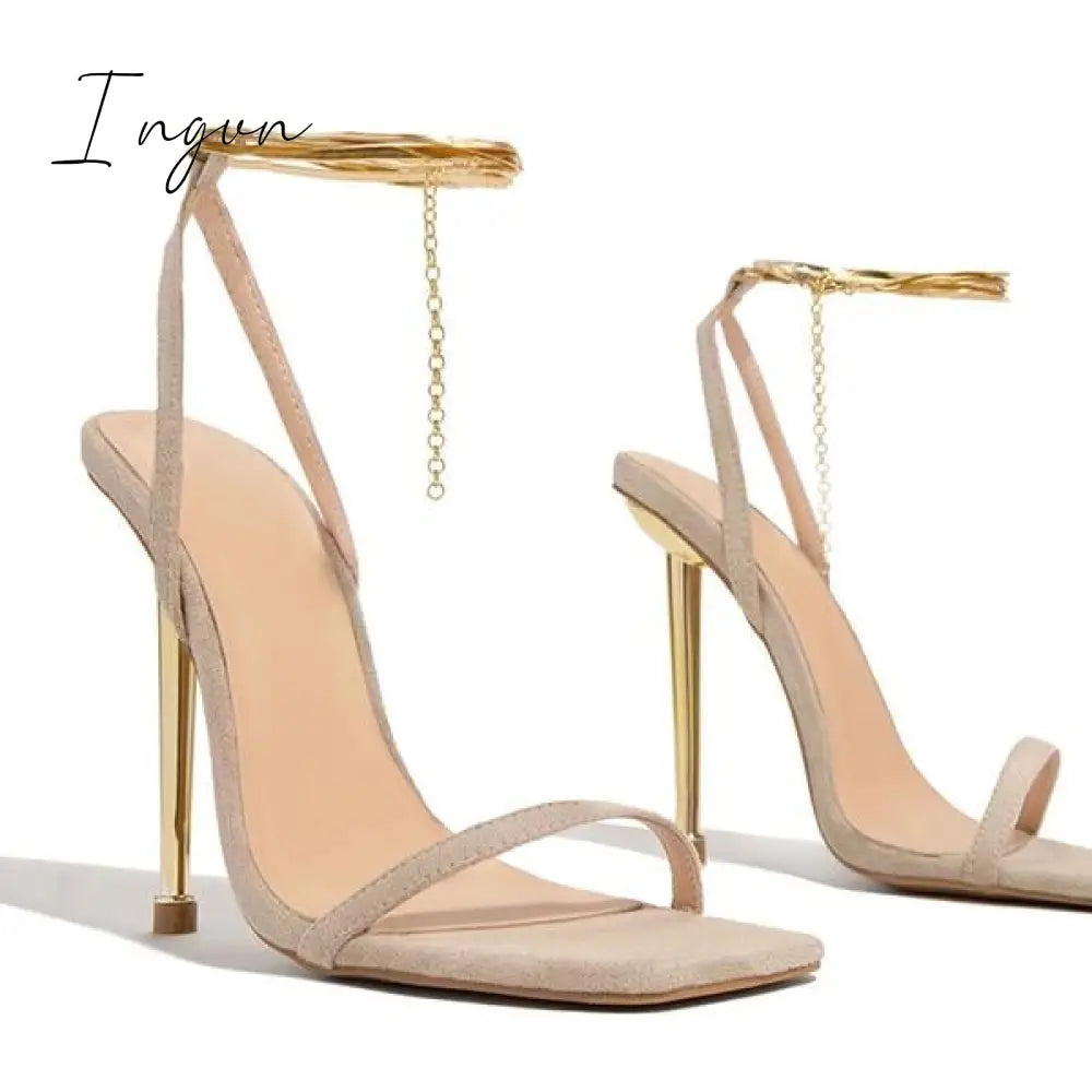 Ingvn - Herringbone Adjustable Ankle Chain Open Squared Toe Heels