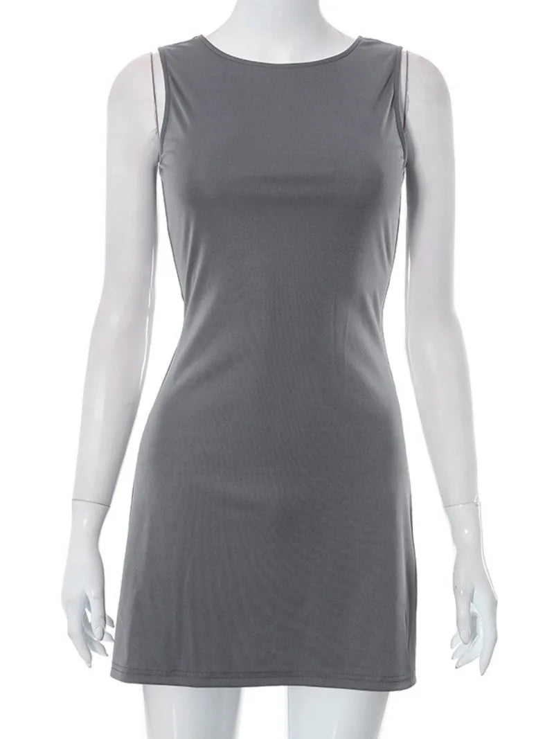 Ingvn  Fashion Casual O-neck Sleeveless Solid Gray Short Dresses for Women  Sexy Female High Waist Slit Fit Tank Dress Streetwear