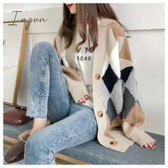 Ingvn - Womens Fashion Spring Winter Women's Plaid Plus Velvet Warm Knitted Sweaters Cardigans Long Sleeve Checkered Coat Oversize Sweater Jackets