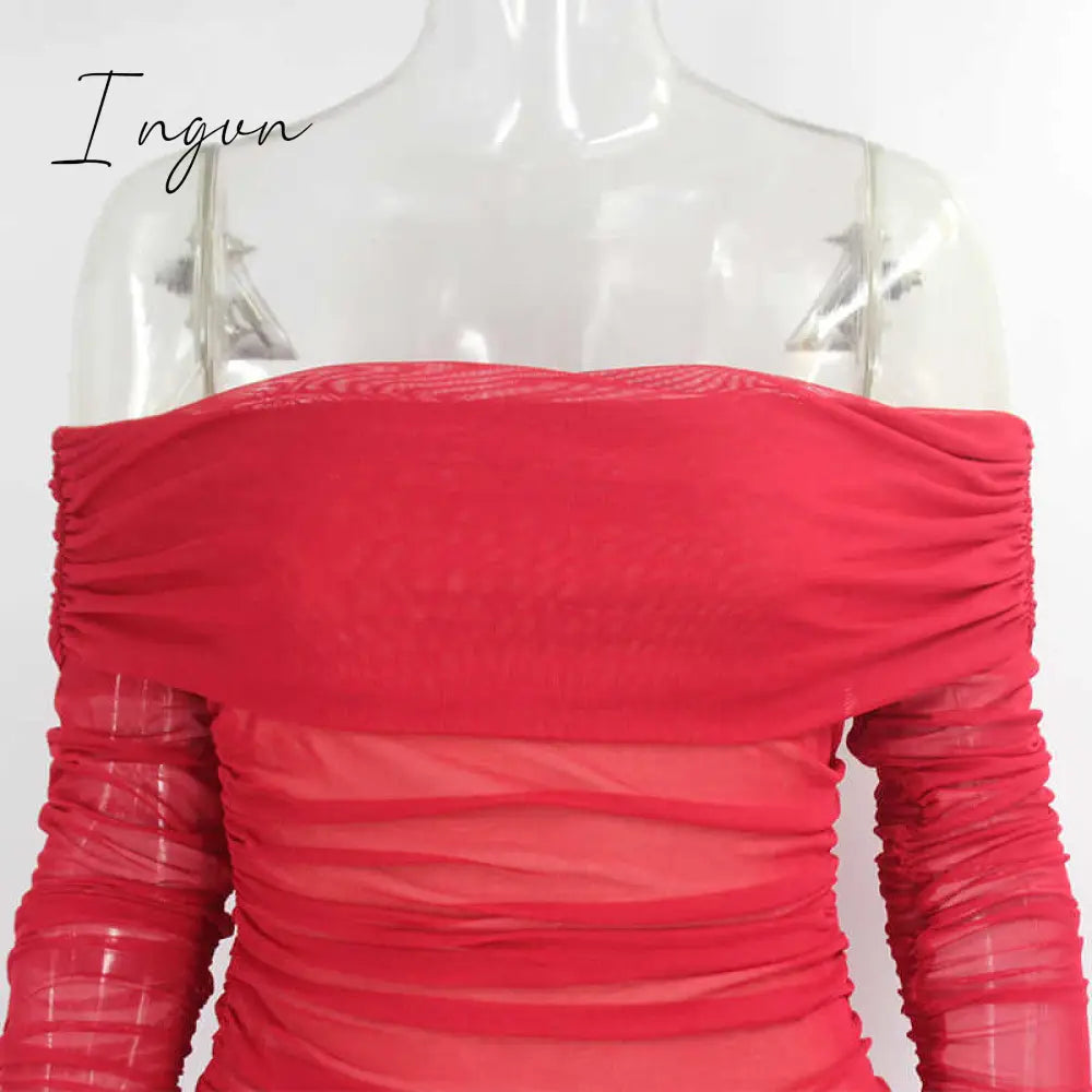 Ingvn - Trends high quality Off Shoulder Ruched Double Layer Mesh Dress Women Long Sleeve Sexy Dresses Ladies Autumn Party Long Christmas Dress