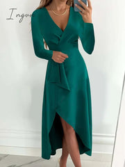Ingvn - Women Casual Long Sleeve Fashion Solid Long Dress Autumn Winter Sexy V-neck Elegant Office Lady Irregular Dresses Female