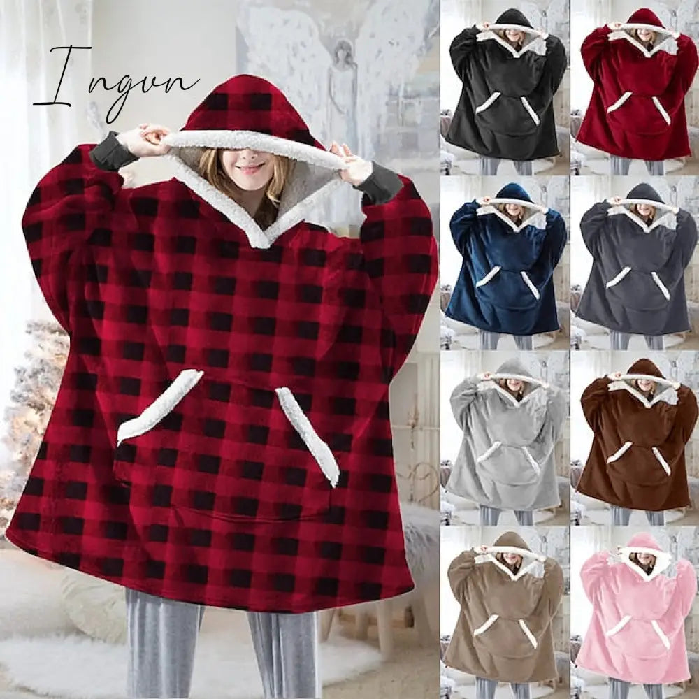 Ingvn - Women‘s Couple‘s Pajamas Nightgown Hoodie Blanket Wearable Blanket Christmas Grid / Plaid Pure Color Plush Simple Comfort Home Party Fleece Warm Gift Patchwork Pocket Fall Winter Black Gray