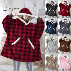 Ingvn - Women‘s Couple‘s Pajamas Nightgown Hoodie Blanket Wearable Blanket Christmas Grid / Plaid Pure Color Plush Simple Comfort Home Party Fleece Warm Gift Patchwork Pocket Fall Winter Black Gray
