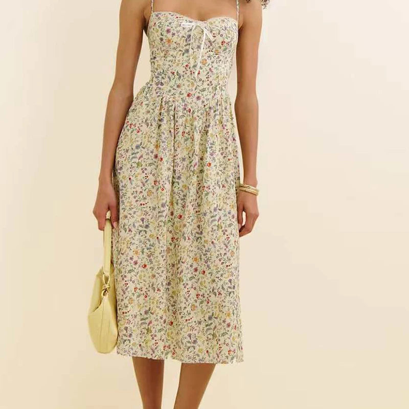 French Retro Floral Print Bow Sexy Spaghetti Straps Dress Women Elegant A-line Midi Casual Summer Dresses Holiday Robe