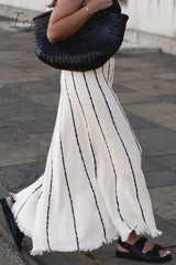 Ingvn - British Style Elegant Striped Tassel Patchwork High Waist Type A Patchwork Bottoms
