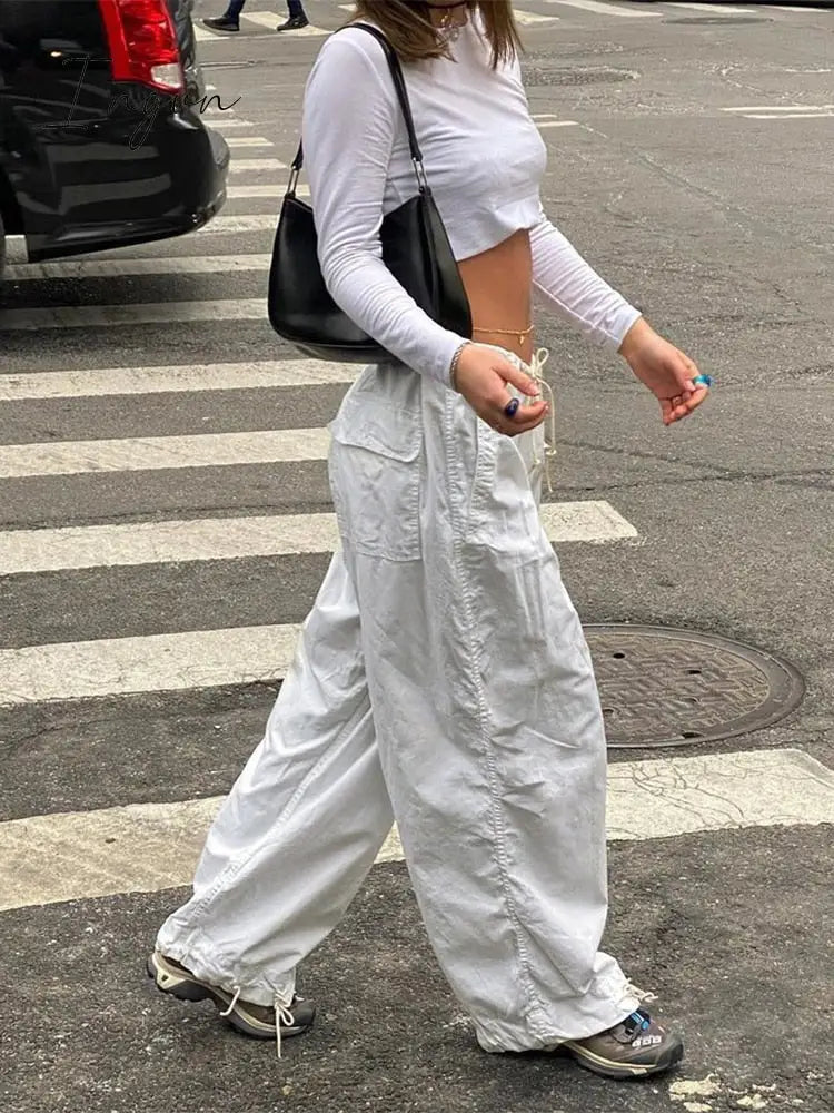 Ingvn - Casual Baggy Wide Leg Sweatpants White Loose Drawstring Low Waist Streetwear Cargo Pants Womens Hippie Joggers Trousers