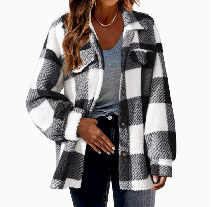Autumn and Winter Open Button Lapel Plush Plaid Coat Plaid Pattern Button Front Jacket Warm