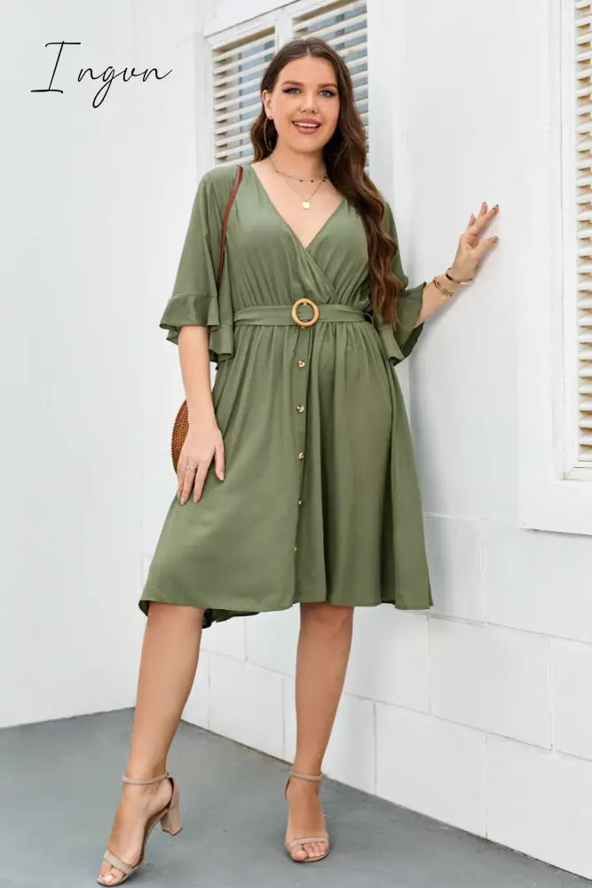 Ingvn - Plus Size Surplice Neck Half Sleeve Dress