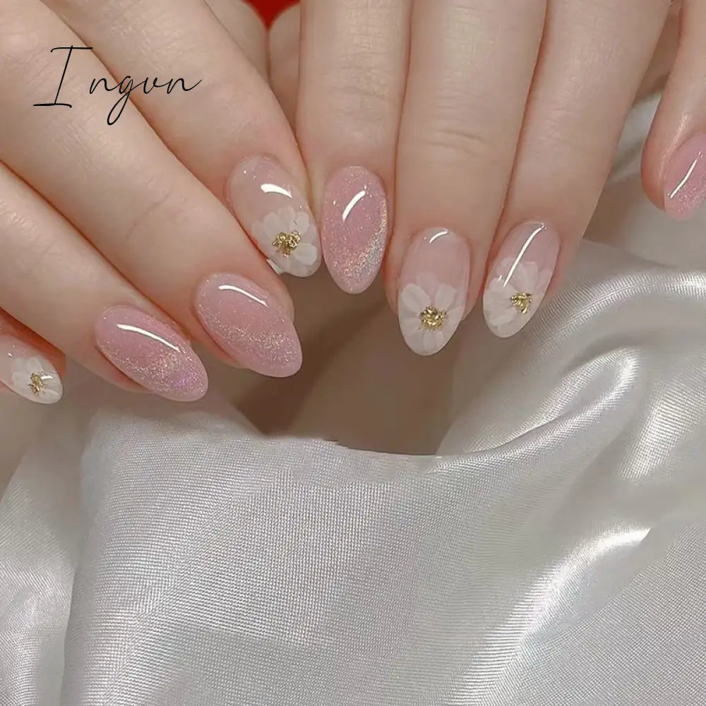 24Pcs Detachable Acrylic False Nails Press On Nail Cute Cherry French Almond Wearable Artificial Fake Nails Full Cover Nail Tips