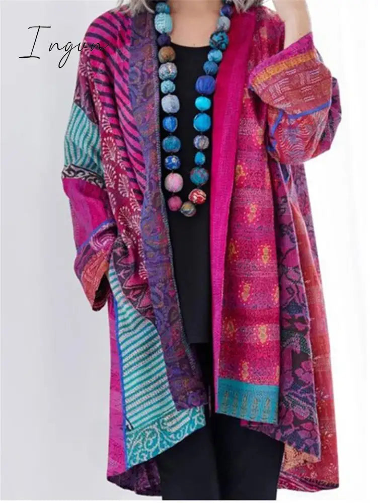 Ingvn - Ethnic Style Striped Printed Cotton Linen Midi Length Coat
