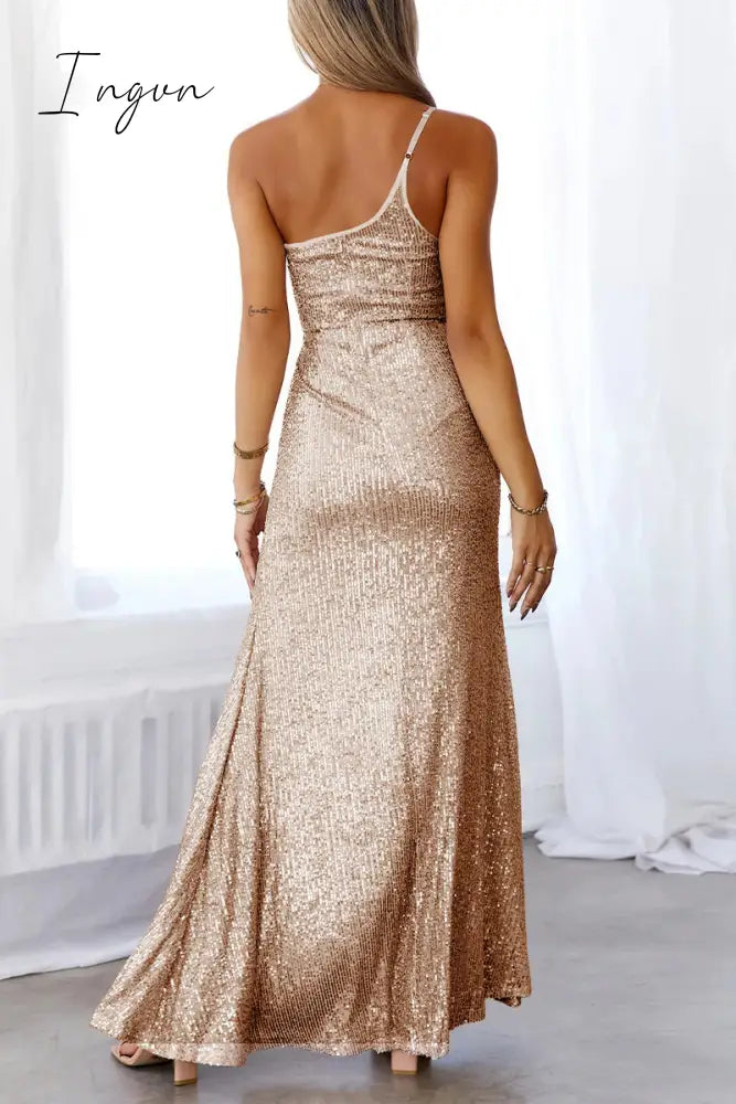 Ingvn - Sexy Formal Solid Sequins Slit Oblique Collar Evening Dresses(6 Colors)