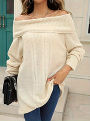 Solid Cable Knit Off Shoulder Knit Dress, Versatile Long Sleeve Sweater Dress For Fall & Winter, Women's Clothing