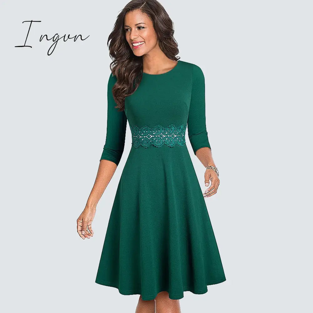 Ingvn - Women Vintage Casual Round Neck A line Summer Elegant Floral Lace Patchwork Sleeveless Tunic Party Swing Dress HA079
