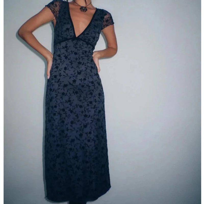 New Women Navy Blue Floral Print Mesh A-line Midi Dress High Waist V Neck Short Sleeve Summer Dresses Vintage  Robe