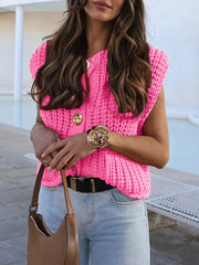 Ingvn - Women's Sleeveless Crochet Cardigan with Metal Buttons and Pocket Design Lightweight open-front style in solid color, perfect fo