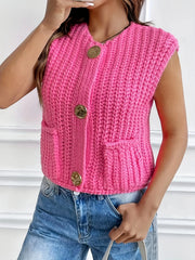Ingvn - Women's Sleeveless Crochet Cardigan with Metal Buttons and Pocket Design Lightweight open-front style in solid color, perfect fo
