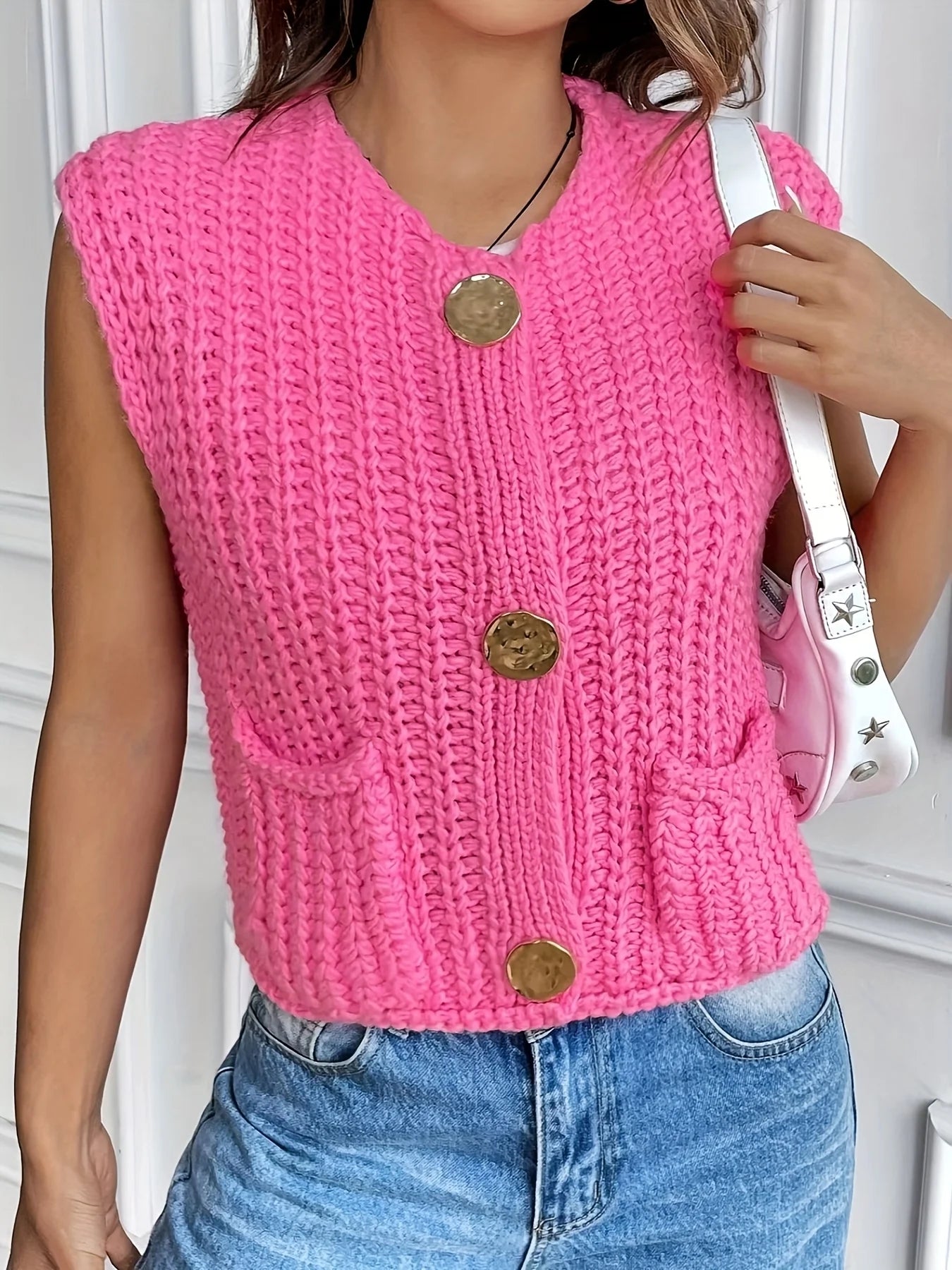 Ingvn - Women's Sleeveless Crochet Cardigan with Metal Buttons and Pocket Design Lightweight open-front style in solid color, perfect fo