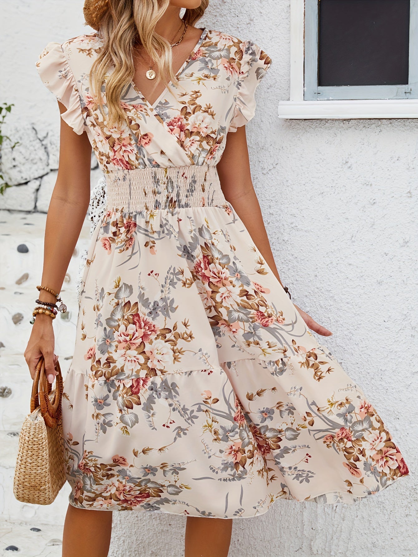 Elegant Peplum A-Line Dress with Crisscross Neck - Shirred Waist, Micro Elasticity, Semi-Sheer, Floral Random Print - Machine Washable, Customized, Spring/Summer Womens Clothing