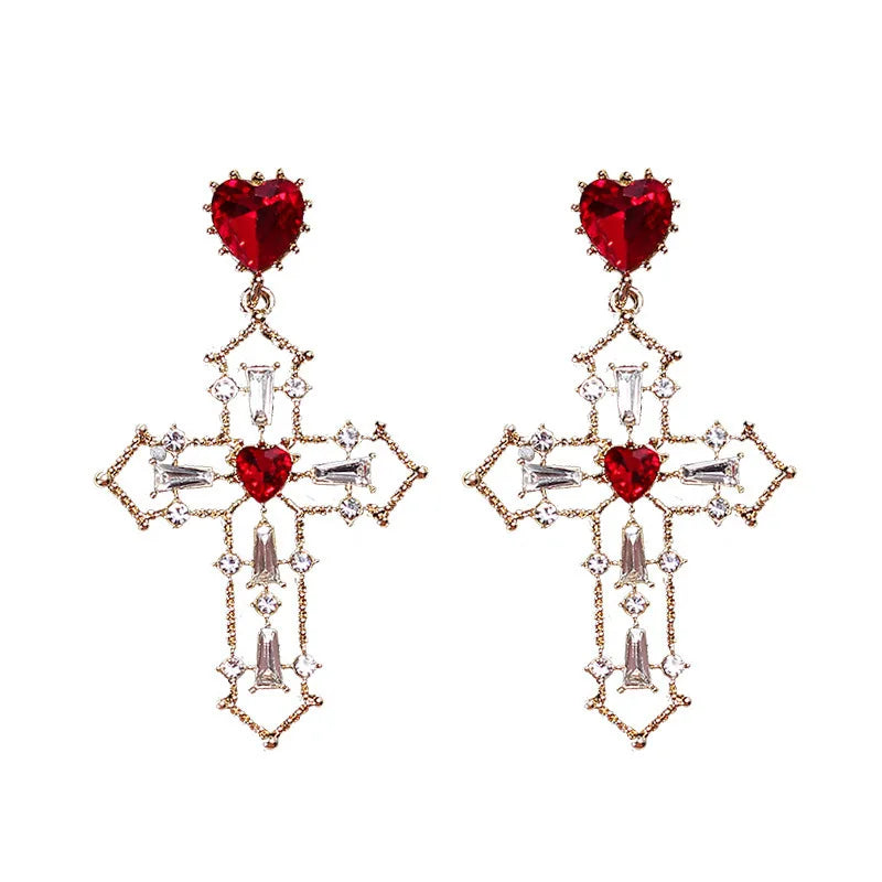 New Retro Trend Design Red Heart Crystal Earrings Gold Color Cross Pendant Rhinestone Earrings for Women Jewelry Party Gift 2022