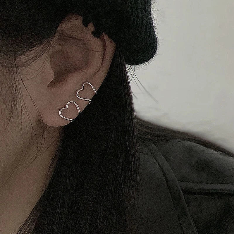 2023 Korea Silver Color metal Geometric Heart Ear Cuff Stackable Simple C-shape Ear Clip Earrings for Women Aesthetic Jewelry