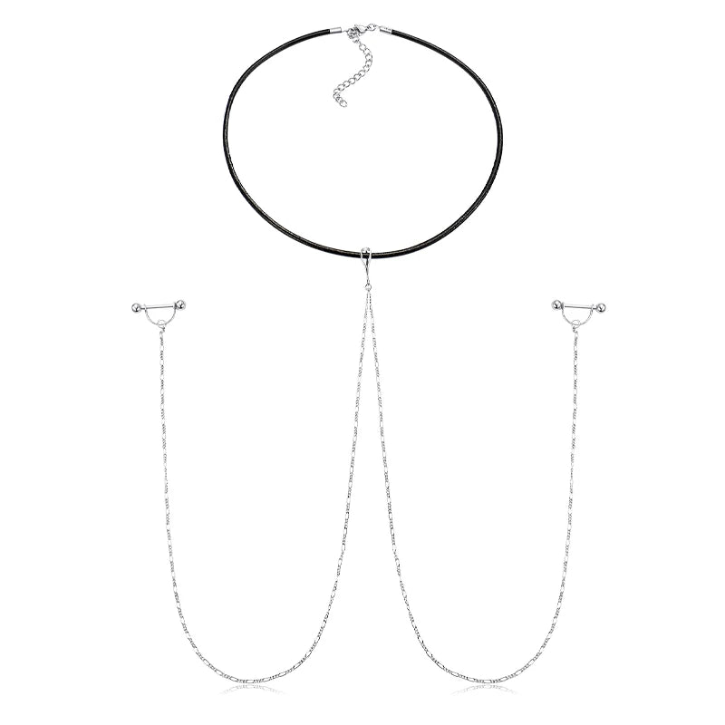 Ingvn  Fake Nipple Rings Chain Punk Chokers Velvet Gothic Choker Necklaces Stainless Steel for Women Nipple Barbell Piercing Jewelry
