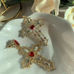 New Retro Trend Design Red Heart Crystal Earrings Gold Color Cross Pendant Rhinestone Earrings for Women Jewelry Party Gift 2022