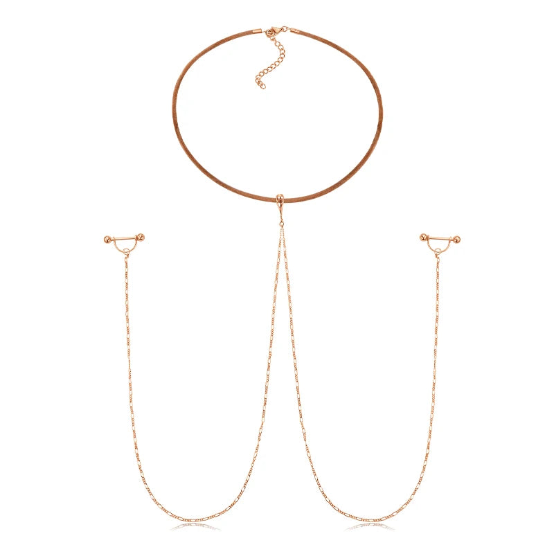 Ingvn  Fake Nipple Rings Chain Punk Chokers Velvet Gothic Choker Necklaces Stainless Steel for Women Nipple Barbell Piercing Jewelry