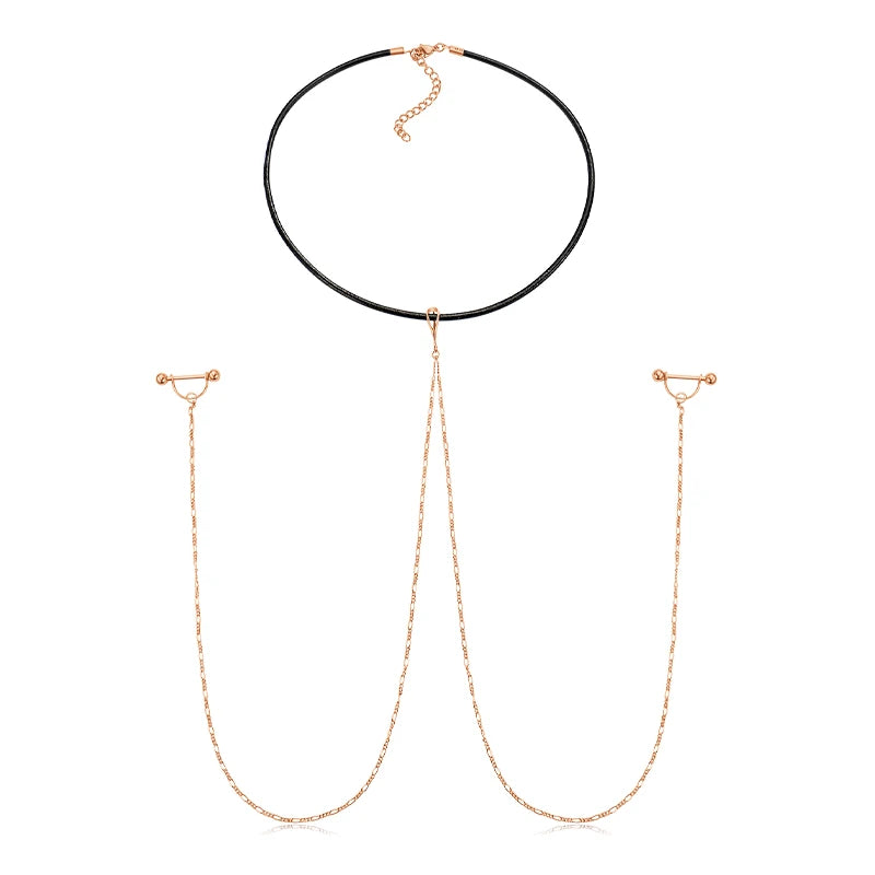 Ingvn  Fake Nipple Rings Chain Punk Chokers Velvet Gothic Choker Necklaces Stainless Steel for Women Nipple Barbell Piercing Jewelry