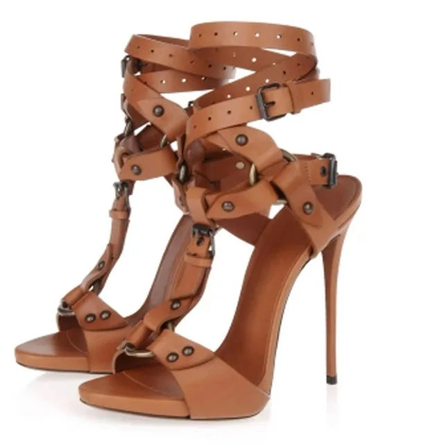 Ingvn - Sexy Circle Cross Strappy Gladiator Sandals Stiletto High Heel Ankle Strap Buckle Shoes Women Open Toe Summer Dress Sandalias