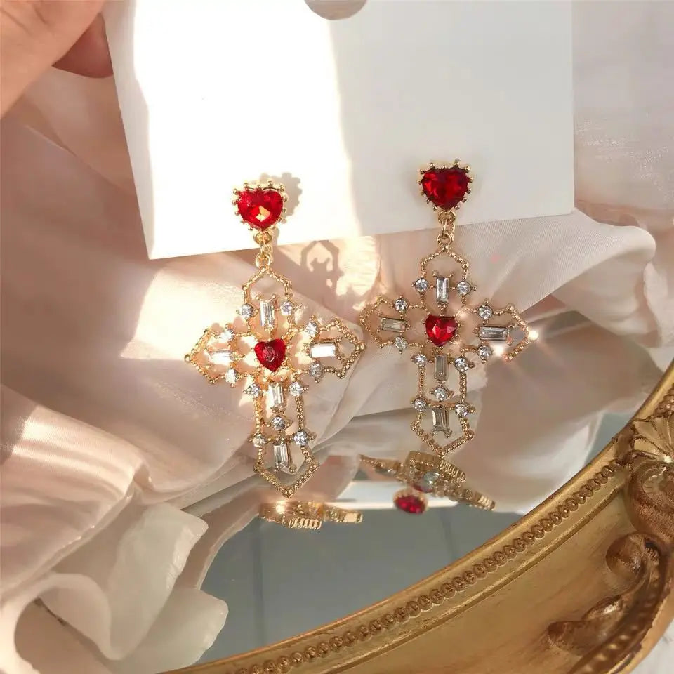 New Retro Trend Design Red Heart Crystal Earrings Gold Color Cross Pendant Rhinestone Earrings for Women Jewelry Party Gift 2022