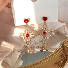 New Retro Trend Design Red Heart Crystal Earrings Gold Color Cross Pendant Rhinestone Earrings for Women Jewelry Party Gift 2022