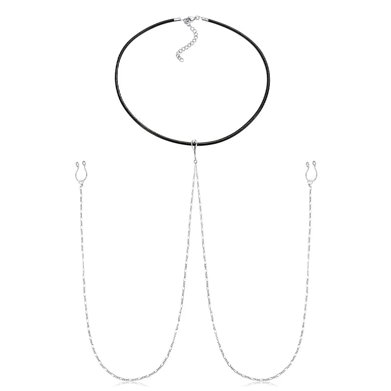 Ingvn  Fake Nipple Rings Chain Punk Chokers Velvet Gothic Choker Necklaces Stainless Steel for Women Nipple Barbell Piercing Jewelry