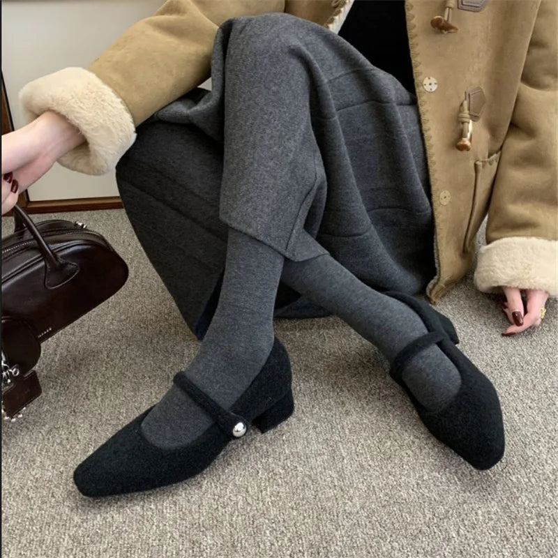 Ingvn  Autumn Winter New Korean Version French Light Luxury Retro Niche Design High-heeled Square Plush Single Shoes Women's Shoes