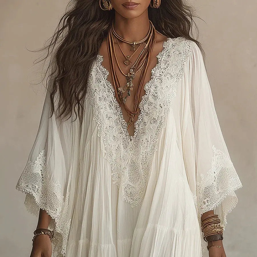 Ingvn  Vintage Solid Long Dresses New Women Boho Lace Trim Deep V Neck Flowy Maxi Dresses Ladies Fashion Beach Holiday Party Vestidos