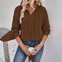 Ingvn - Women's Striped Ribbed Hooded Blouse Half Button Loose Long Sleeve Casual Daily Wear Pullover Top