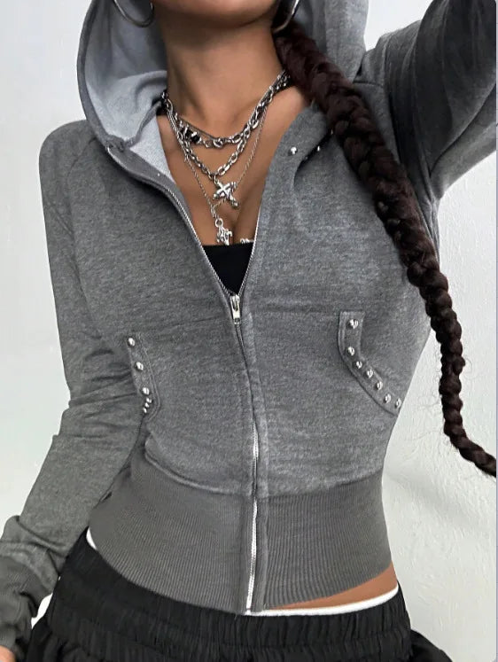 Ingvn - European American Style Spring Autumn New Hooded Womens Sweatshirt Fashion Trendy Slim Fit Versatile Beaded Cardigan Coat
