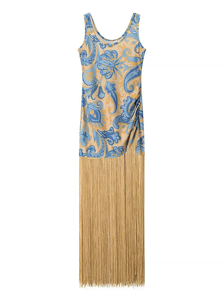 Ingvn  Colorblock Printing Midi Dress for Women V Neck Sleeveless High Waist Patchwork Tassel Evening Dresses Female Style