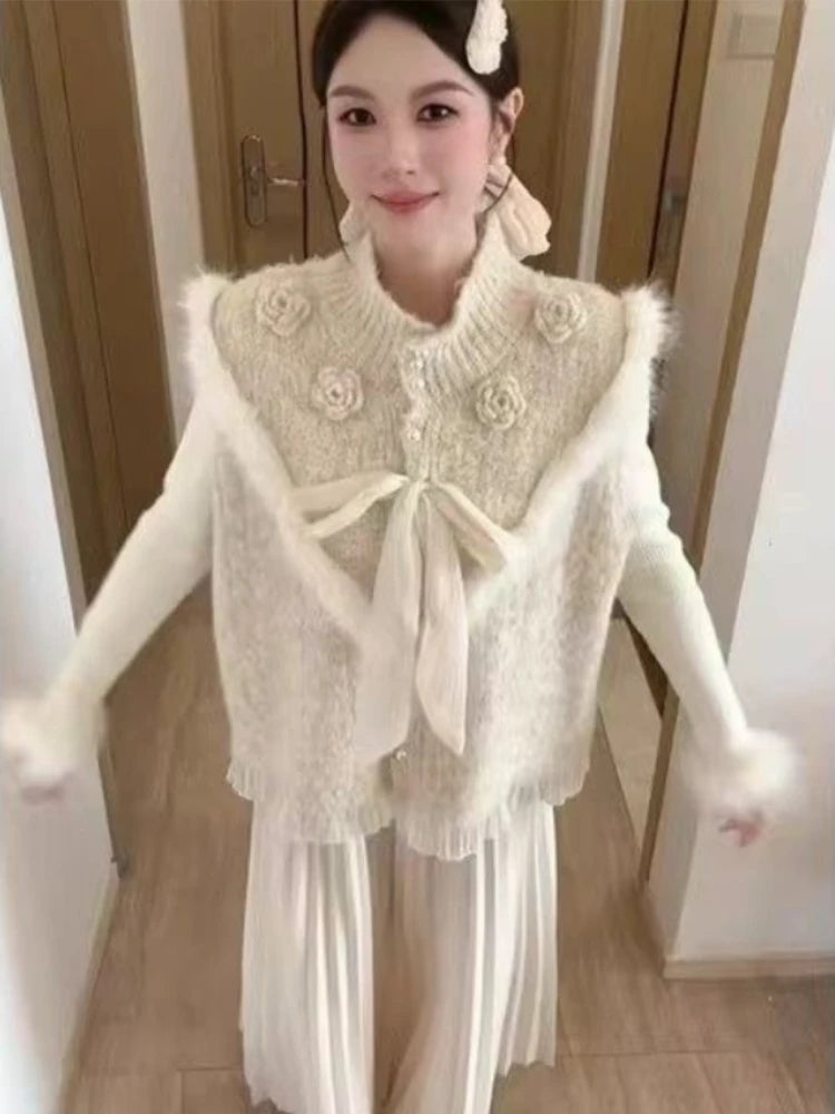 Ingvn - Women's Autumn Niche Tweed Faux Fur Patchwork Layering Knit Vest Elegant Chic Coquette Trendy Top Warm Vintage  Knit Vest