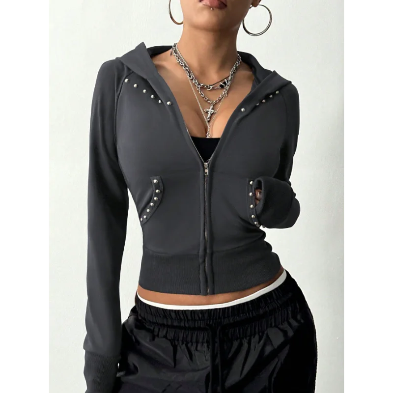 Ingvn - European American Style Spring Autumn New Hooded Womens Sweatshirt Fashion Trendy Slim Fit Versatile Beaded Cardigan Coat